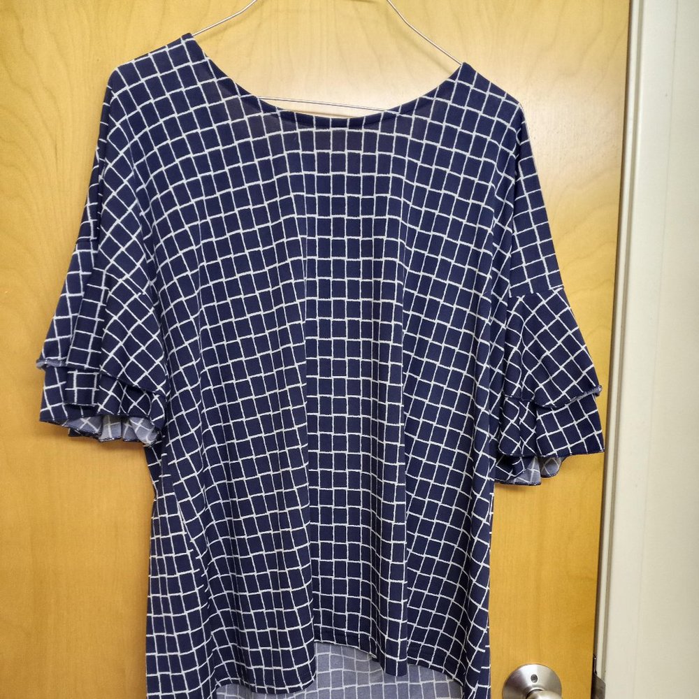 Navy Blue And White Geometric Blouse Ruffle Sleeves